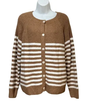 Market & Spruce Brown White Striped Button Front Cardigan Sweater Womens Large thumbnail 1