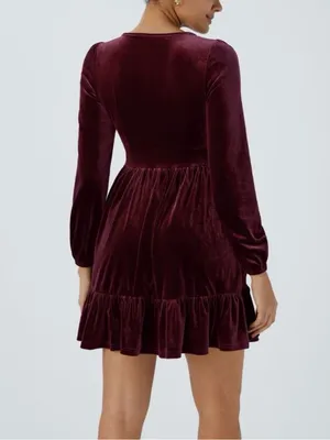Halara NWT Everyday Deep V Neck Long Sleeve Ruffled Hem Velvet Mini Chill Dress Small thumbnail 2