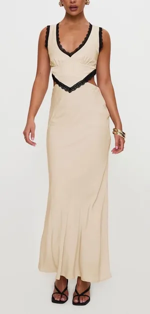 NWT Princess Polly Keila Lace Trim Maxi Dress Cream Black Satin Slip Cutout Sz 6 thumbnail 1