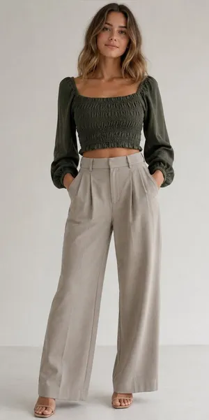 Crescent Medium Olive Smocked Linen Blend Crop Top Peasant Cottagecore Bohemian thumbnail 1