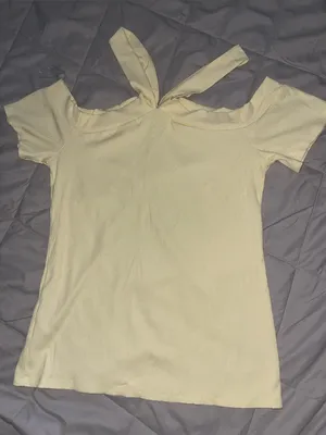 Cherish Ribbed Knit Short Sleeve Cold Shoulder Top Pale Yellow Medium thumbnail 1