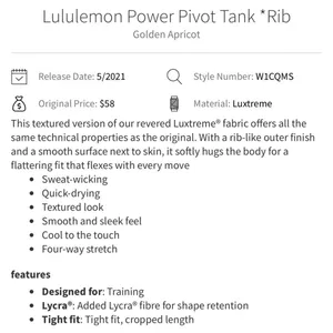 Lululemon Power Pivot Tank Rib in Golden Apricot Size 4 thumbnail 7