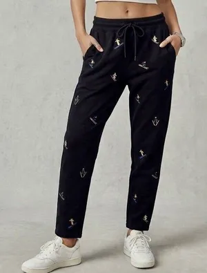 Lou & Grey LOFT Womens Black Embroidered Skier Ski Sweatpants Small Cozy Winter thumbnail 1