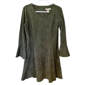 Aryeh VTG Velour Dress Y2K Bell Sleeves Olive Green V Neck Boho Whimsey Goth Lg thumbnail 2
