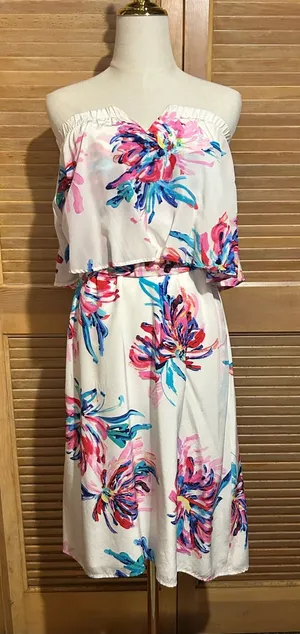 Yumi Kim Silk Strapless Floral Ruffled Dress in White, Pink & Blue Size XS thumbnail 1