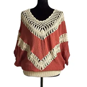 Umgee Rust Crochet‎ Fringe Batwing Top Boho V-Neck Lightweight Blouse Small thumbnail 2