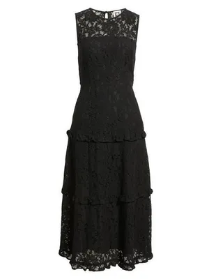 Black Size 6 Lace Sleeveless Tiered Ruffle Midi Dress thumbnail 2