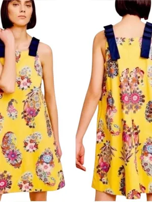 Anthropologie Maeve Sunniva Floral Yellow Shift Dress‎ Ribbon Straps Size XS thumbnail 2