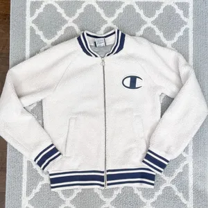 Champion cream Sherpa varsity bomber sporty jacket with logo thumbnail 2