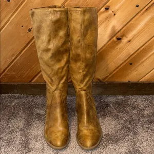 Unr8ed suede faux leather brown distressed heeled knee high boots thumbnail 8
