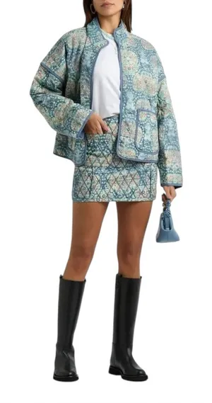 FREE PEOPLE Quilted Darla‎ Floral Print Blue Mini Skirt Patch Pockets Boho XS thumbnail 1