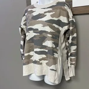 Aerie Tan Camo Crew Neck Mixed Textured Sweatshirt w/ Large Slide Slits- XS thumbnail 2