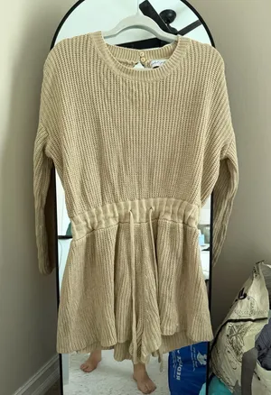 Petal & Pup Beige Knit Drawstring Waist Sweater Romper thumbnail 1