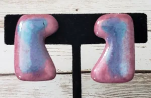 Vintage Clip On Earrings - Unusual Shape Blue & Pink Tones 1.25" thumbnail 1