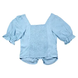 Abercrombie Cinch Front Puff Sleeve Cropped Top Light Blue Size Small Peasant thumbnail 3
