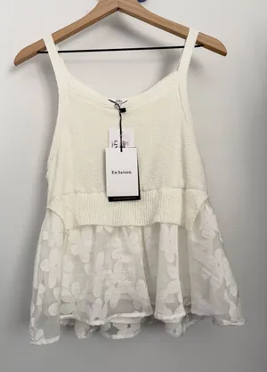 En Saison Medium NEW Amelia Tank Ivory Floral Mesh Flowy Dainty Coquette Fairy thumbnail 1
