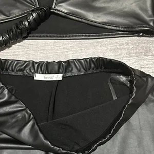 Timing Black Faux Leather Mini Skirt Set M Tie V Neck Crop Top Clubwear Baddie thumbnail 6