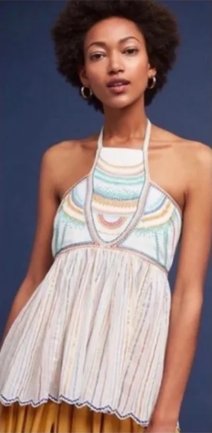 Anthropologie Floreat Ivory Itzel Halter Embroidered Babydoll Tank Top Size 4 thumbnail 1