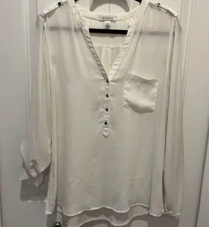 Kenneth Cole White Roll Tab Sleeve Mixed Media Relaxed Blouse thumbnail 1