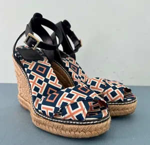 Tory Burch Criss Cross Blue & Orange‎ Canvas Espadrille Jute Wedge Sandals thumbnail 1