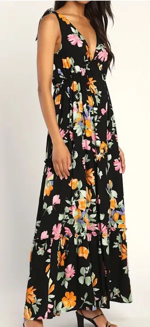Lulus Beloved Bae Black Floral Print Tie-Strap Tiered Maxi Dress thumbnail 1