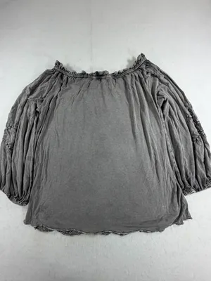 Solitaire Embroidered Peasant Blouse Gray‎ Boho Cottagecore Off Shoulder Top L thumbnail 2