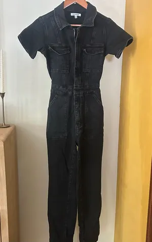 Good American Fit For Success Jumpsuit Utility‎ Short Sleeve Black Denim Size 0 thumbnail 1