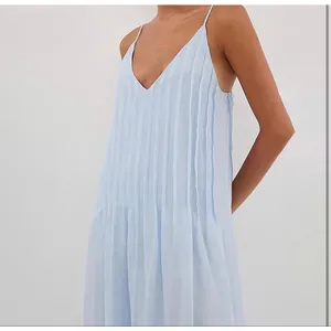 NEW Blue Cotton Pleated Spaghetti Strap Vacation Maxi Dress M thumbnail 7