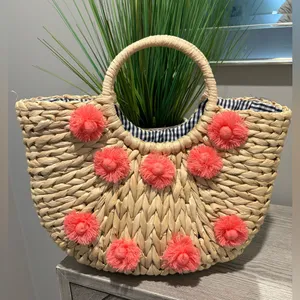 Straw Rattan Tote Bag with Floral Accents & Gingham Lining thumbnail 2