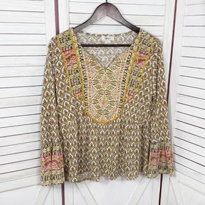 Style & Co‎ Printed Flared Hem Bell Sleeve V Neck Top Yellow Multi Small thumbnail 7