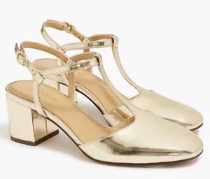 NEW! J. Crew T-Strap Heels Metallic Gold Block Heel thumbnail 1