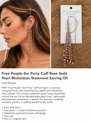 NWT Free People Ear Party Cuff Rose Gold Pearl Rhinestone Statement Earring thumbnail 2