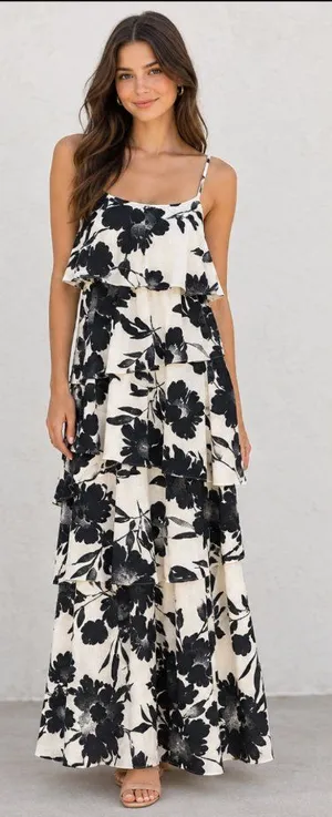 Old Navy Floral Tiered Full Length Maxi Dress in Black and Cream Size Medium thumbnail 1