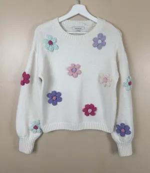 Francesca’s Sweater Size XS White Floral Crochet Flower Knit Pullover Crew Neck thumbnail 1