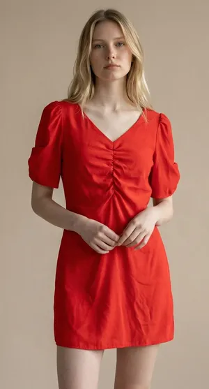 She +‎ Sky Red Ruched V-Neck Puff Sleeve Mini Dress SS8873 Womens Size Medium thumbnail 1
