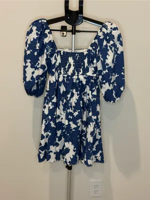 Abercrombie & Fitch Blue & White Floral Puff Sleeve Mini Dress XXS thumbnail 4