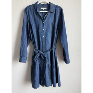 LOFT Chambray Flounce Shirt Dress Tie Waist Long Sleeve Blue Women Large Coastal thumbnail 5