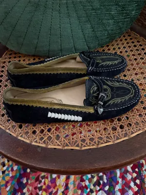 Tod’s Made in Italy Black Suede Chartreuse Western Embroidered Loafer Moccasins thumbnail 3