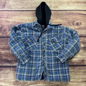 Grit Iron Workwear M Button Up Sherpa Lined Flannel Hooded Jacket Blue thumbnail 1