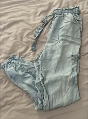 Aerie Denim Cargo Lyocell Jogger Pants Blue Cuffed Ankle Drawstring thumbnail 1