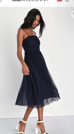 Lulus Navy Blue Swiss Dot Ruched Midi Dress thumbnail 4
