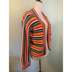Hanna Andersson Multi boho Striped Crochet Knit Cotton Cardigan whimsi Sweater L thumbnail 2