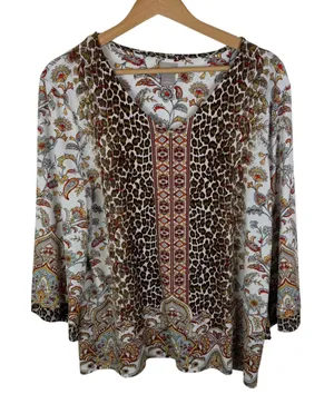 Chicos Mixed Print Blouse Size 2 Large Leopard Floral Paisley Stretch Boho Comfy thumbnail 1