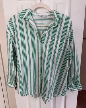 Old Navy Green Striped Boyfriend Shirt thumbnail 1