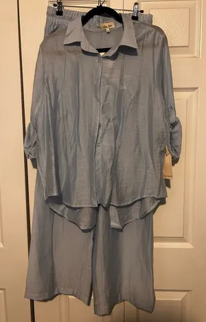 Love Note Light Blue Straight Leg pants and button down top thumbnail 1