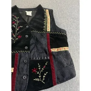 White Stag Womens Black Velvet Patchwork Floral Embroidered Cottage Core Vest S thumbnail 3