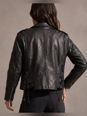 VINTAGE SARAH Black Leather Moto Jacket Size L thumbnail 2