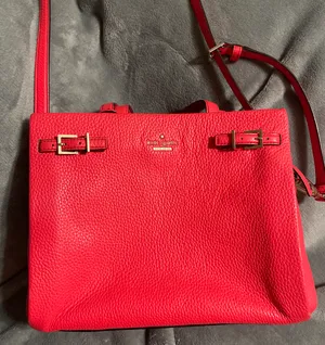 Kate Spade New York Red Pebbled Satchel Bag with Buckle, Gold Hardware thumbnail 1