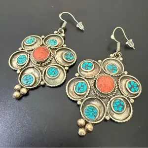 Vintage Silver-tone Turquoise & Coral Tibetan Style Flower Dangle Earrings 22g. thumbnail 5