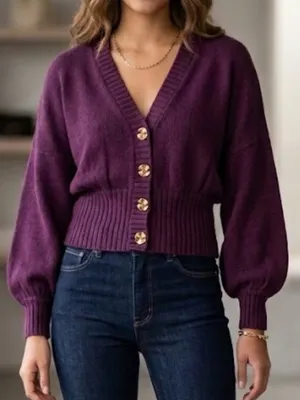 FARM Rio Burgundy Rib-Knit Button Front V-Neck Balloon Sleeve Women’s Cardigan M thumbnail 1